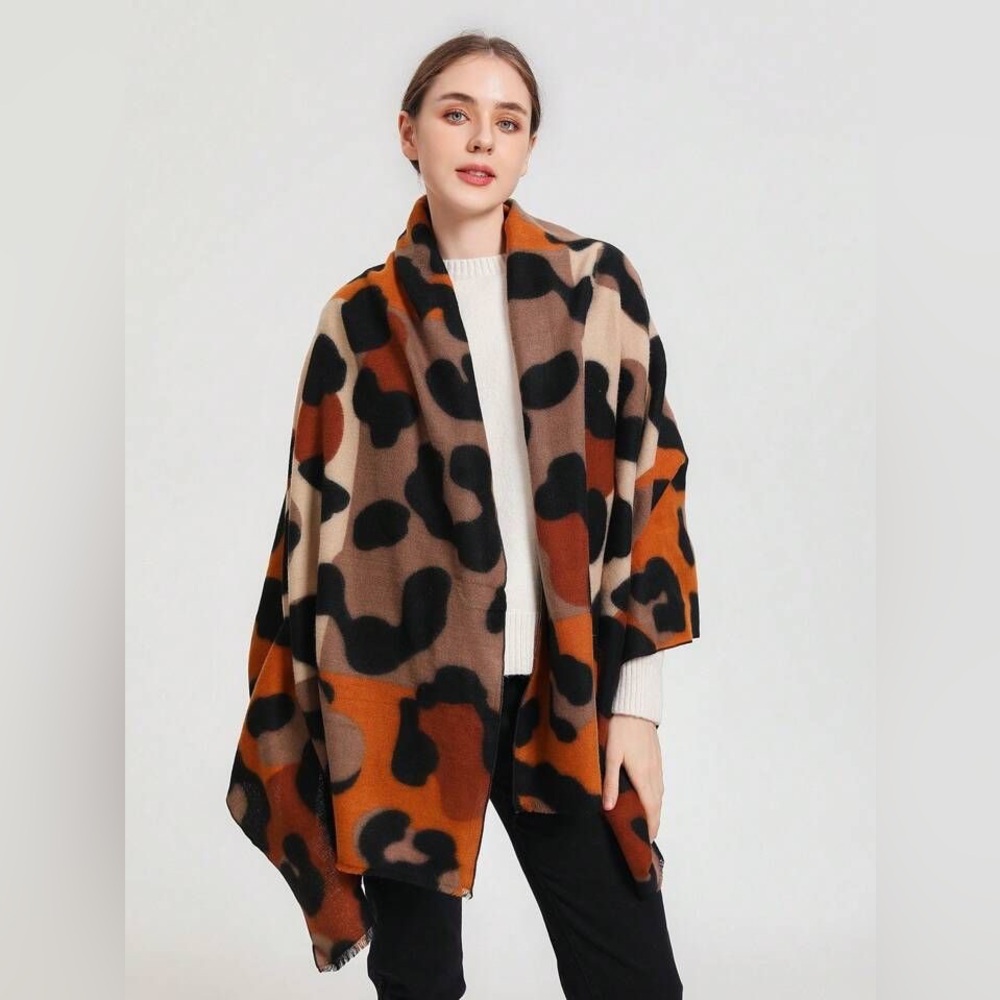 NEW Leopard Print Rectangle Scarf Shawl Brown Shades + Black Shabby Chic